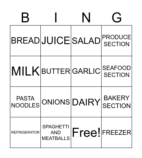 Supermarket  Bingo Card