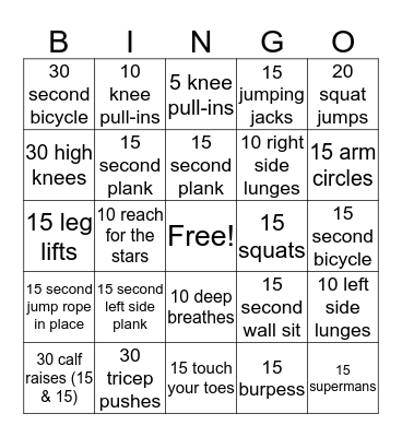 Fitness Bingo  Bingo Card