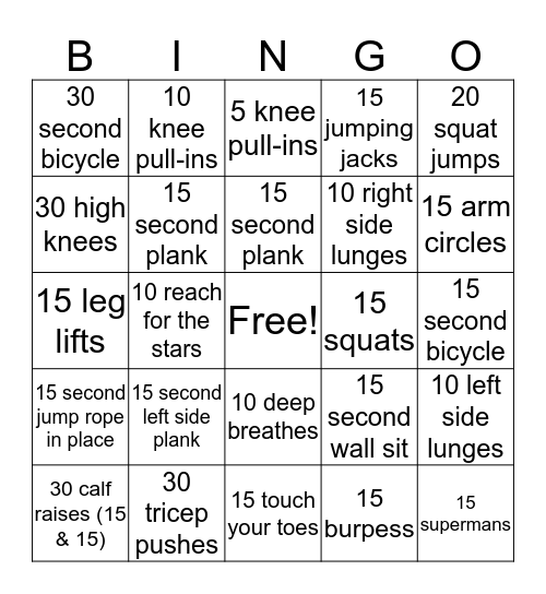 Fitness Bingo  Bingo Card