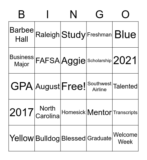 HEADED TO COLLEGE Bingo Card