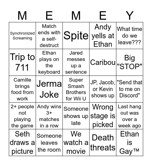 Memey Supremey Hangout Bingo Card