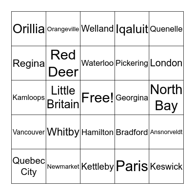 Canada Wide Bingo Card