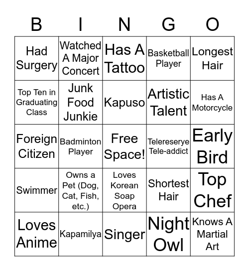 Getting to Know You Bingo CGF Edition Bingo Card