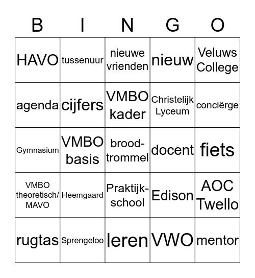 Het grote VO Bingo- spel Bingo Card