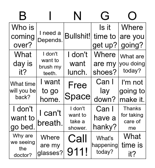 Alzheimer's Bingo Card
