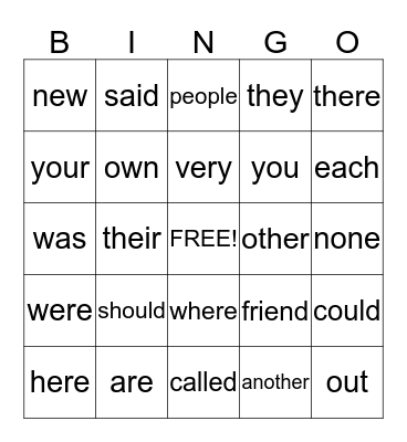 Review of Grade 1 Trick Words Bingo Card
