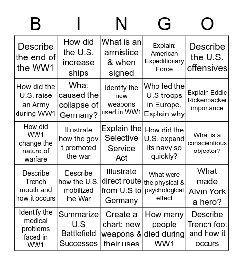 Explain causes: WW1 American's role in the War Bingo Card