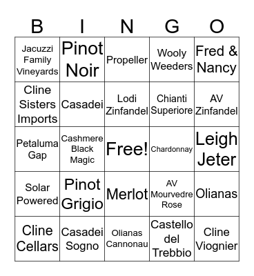 Cline Cellars Bingo Card