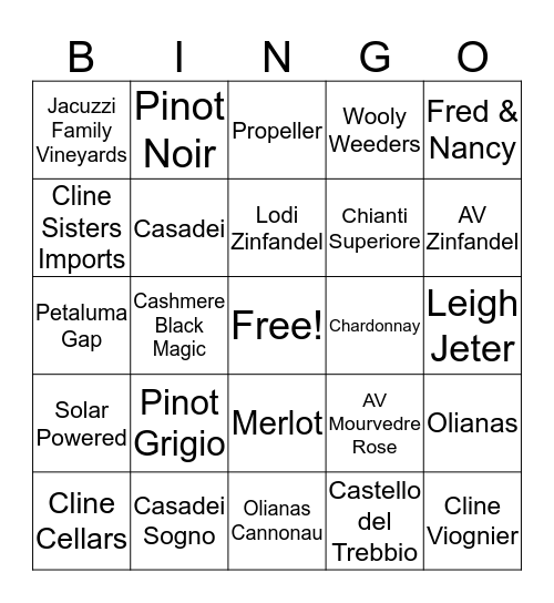 Cline Cellars Bingo Card