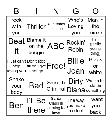 Michael Jackson Bingo Card