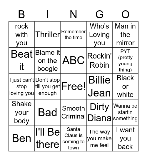 Michael Jackson Bingo Card