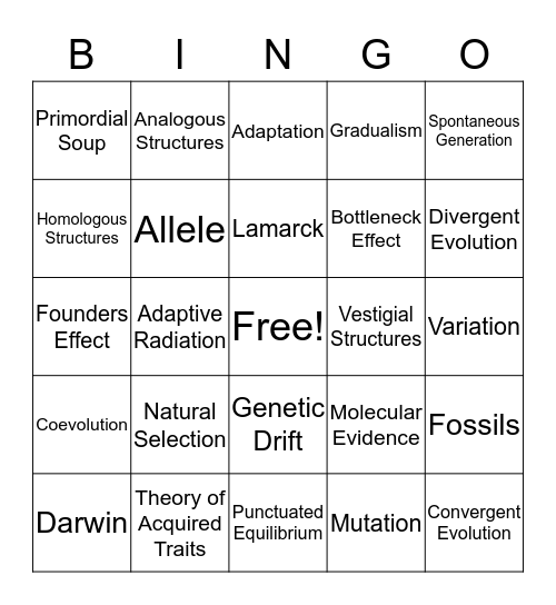 Evolution Bingo Card