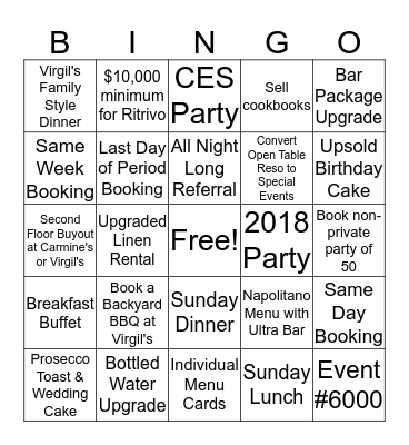 Team Special Events  Bingo Card