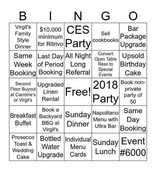 Team Special Events  Bingo Card