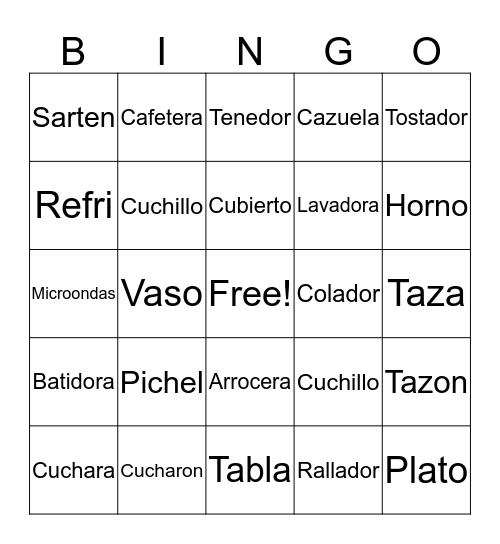 Utensilios de Cocina Bingo Card