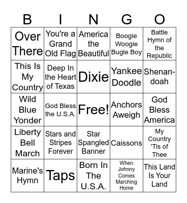 Patriotic Musical Bingo Card