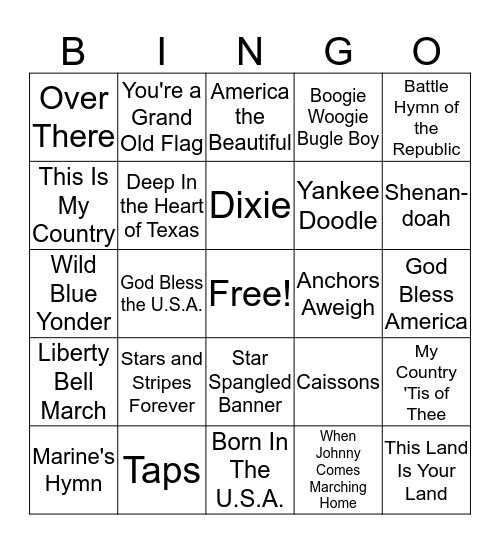 Patriotic Musical Bingo Card