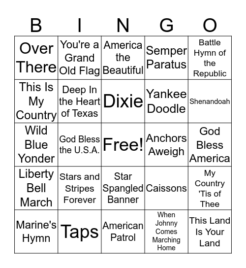 Patriotic Musical Bingo Card