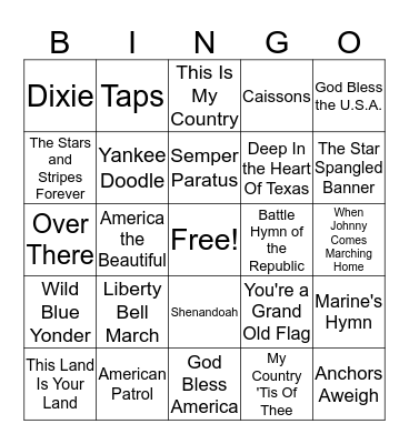 Patriotic Musical Bingo Card