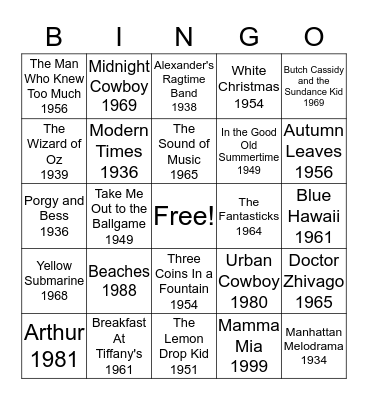 Music from Movies and Musicals Bingo Card