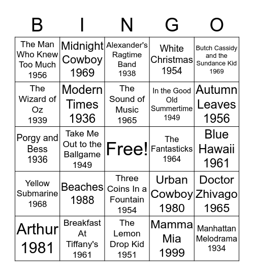 Music from Movies and Musicals Bingo Card