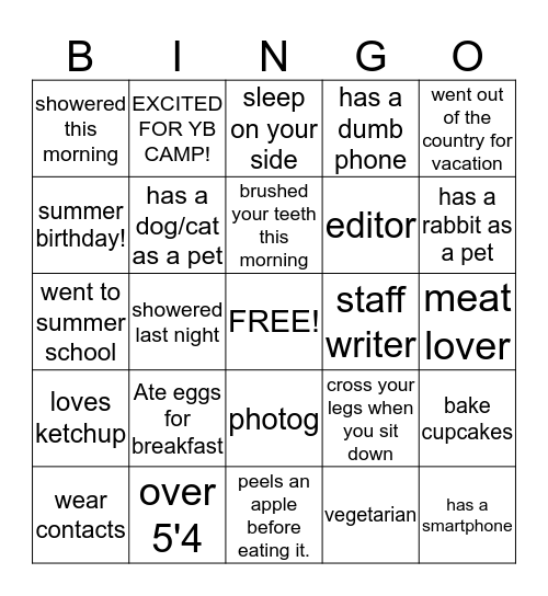 YB BONDING BINGO Card