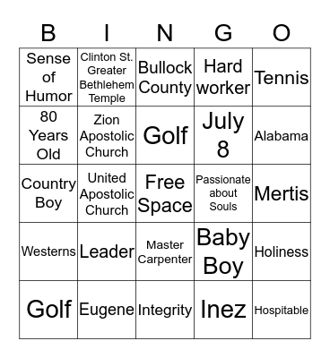 Bishop J. Franklin Tompkins Bingo Card