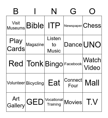 Untitled Bingo BINGO FOR LEISURE TIME ACTIVITIES  Bingo Card