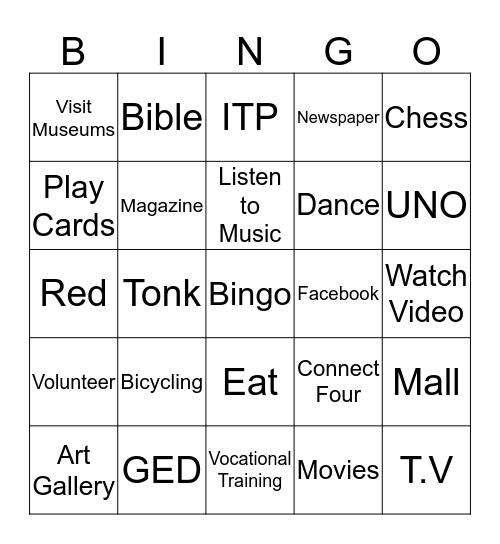 Untitled Bingo BINGO FOR LEISURE TIME ACTIVITIES  Bingo Card