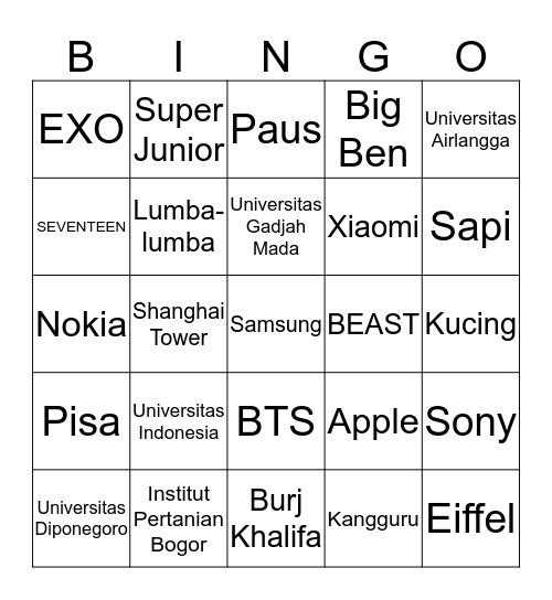 Kirei Bingo Card