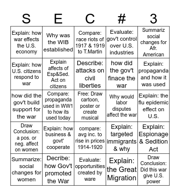 Explain causes: WW1 American's role in the War Bingo Card