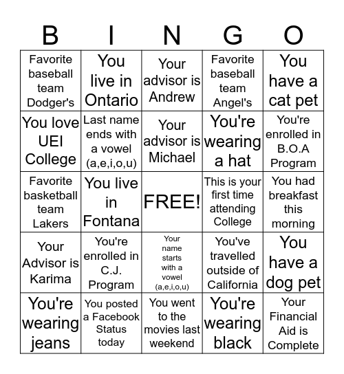 UEI College Bingo Card