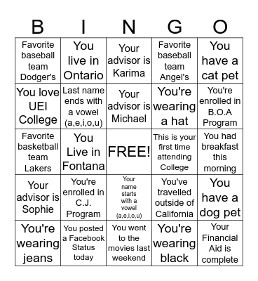UEI College Bingo Card