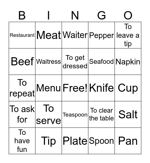Dining Out Bingo Card