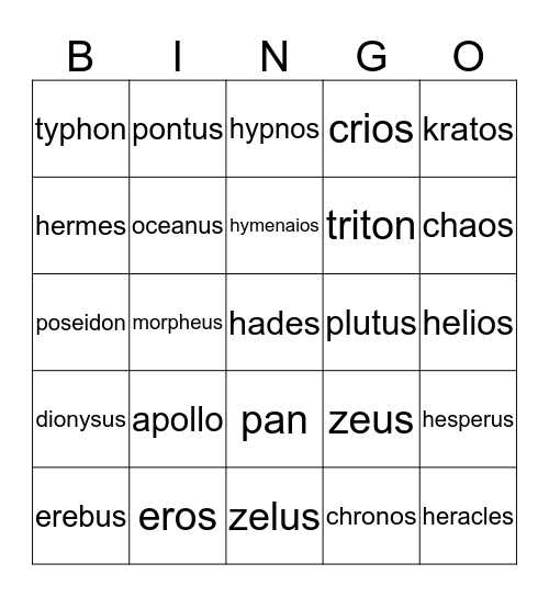 GREEK GODS Bingo Card
