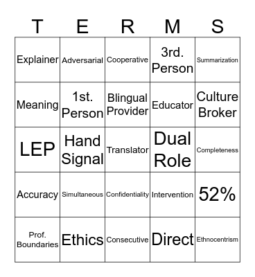 Community Interpreter Bingo Card