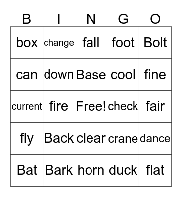 Homonyms Bingo Card