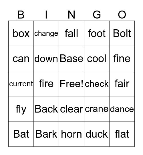 Homonyms Bingo Card