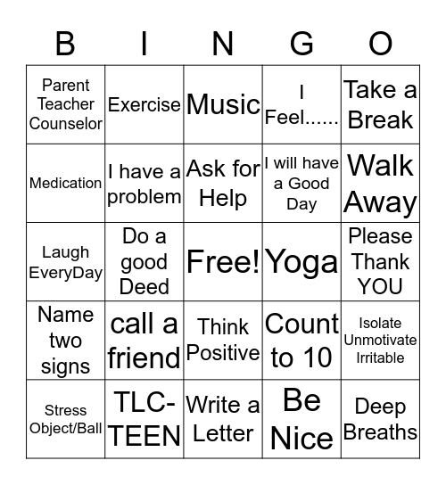 coping skills bingo Card