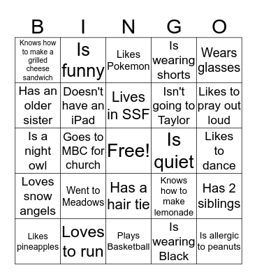 Getting to Know You Bingo Card