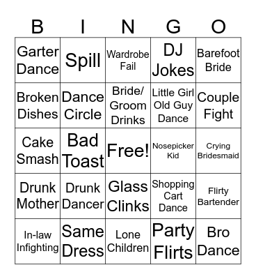 Wedding Reception Bingo Card