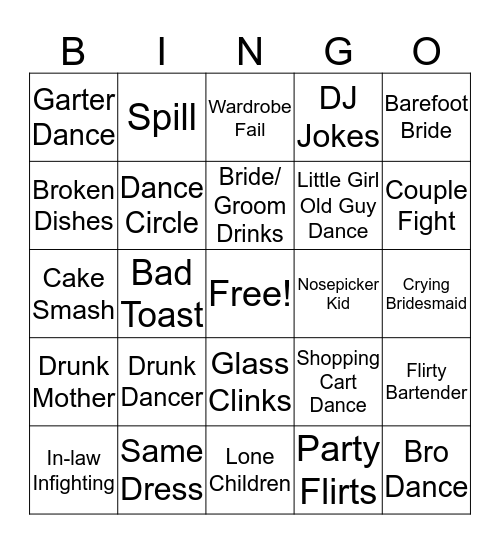 Wedding Reception Bingo Card