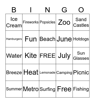 Sumemr Fun in the Sun  Bingo Card