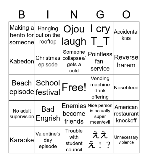 Anime Bingo Card