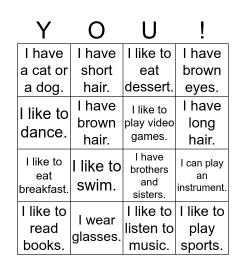 All About  Bingo Card