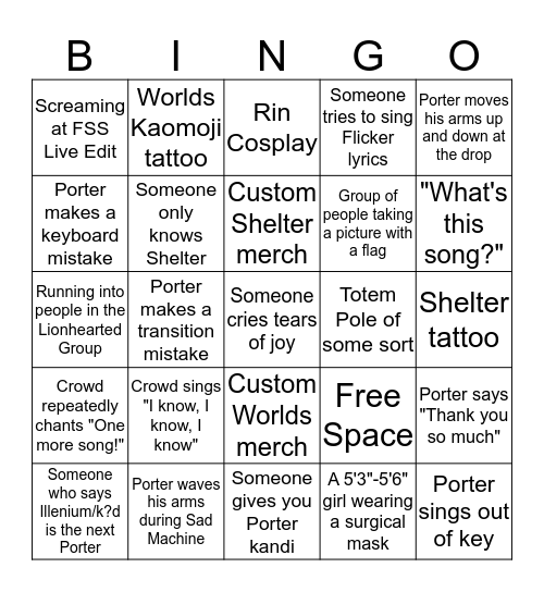 Porter Robinson Bingo Card