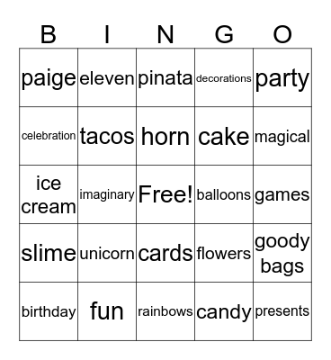 Paige's Unicorn Party Bingo Card