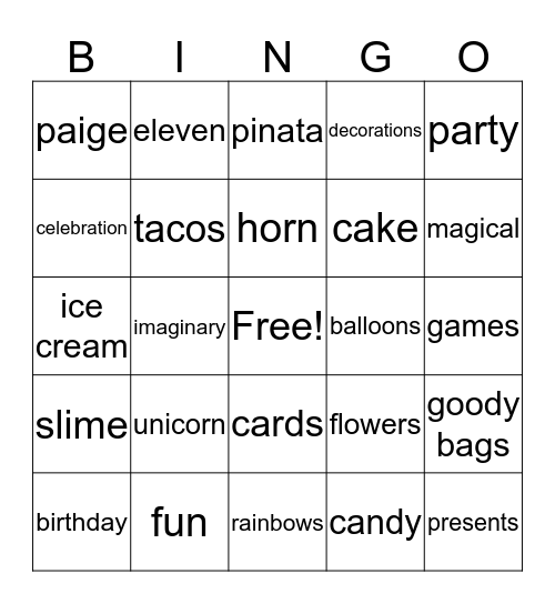 Paige's Unicorn Party Bingo Card