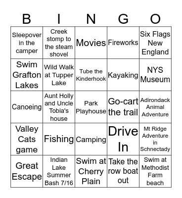 Summer Stuff to do Bingo Card