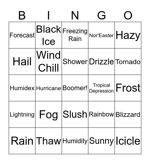 Weather Bingo - Game #1 Bingo Card